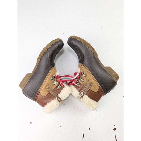 Sperry Kids Size 2 Saltwater Alpine Cozy Duck Boots Brown Cream Red Laces - Picture 3 of 6